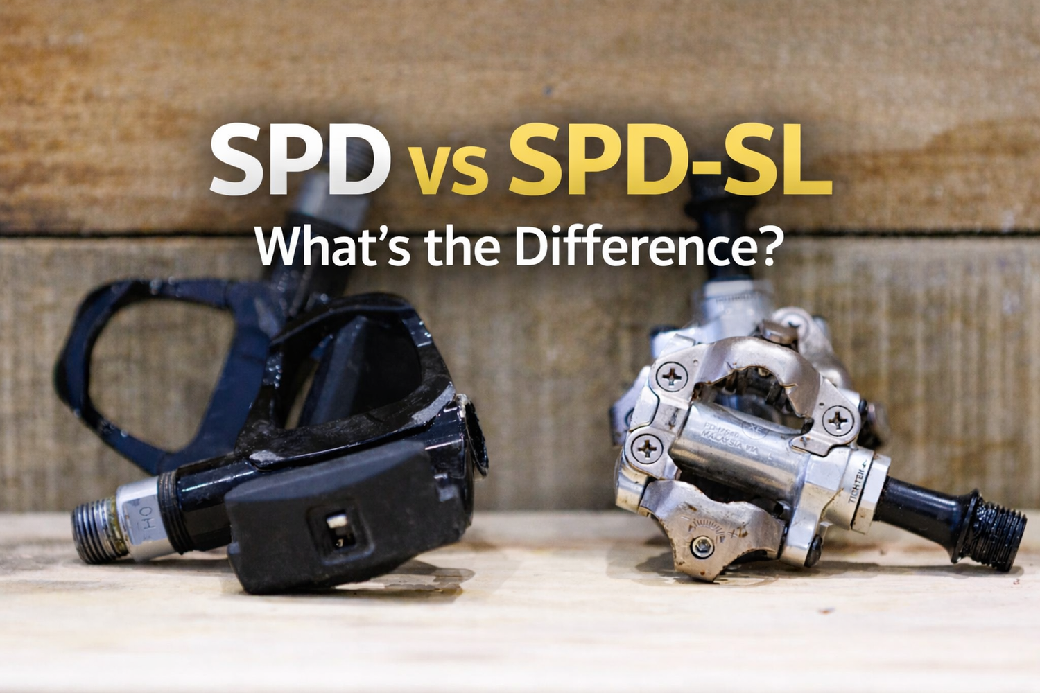 Side-by-side photo of SPD and SPD-SL clipless bike pedals on a wooden surface with text reading “SPD vs SPD-SL. What’s the Difference?”