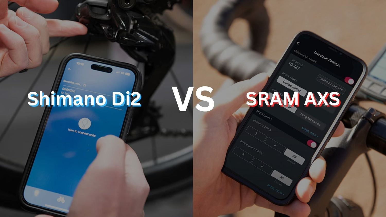 Shimano Di2 and SRAM AXS mobile app customization showing electronic shifting setup and controls
