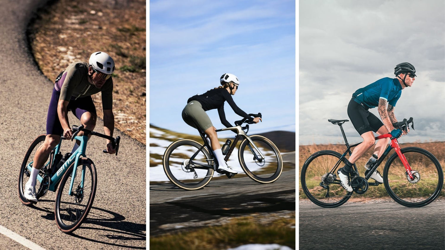 Three cyclists riding modern carbon road bikes on different terrains, representing a comparison of endurance and race road bikes