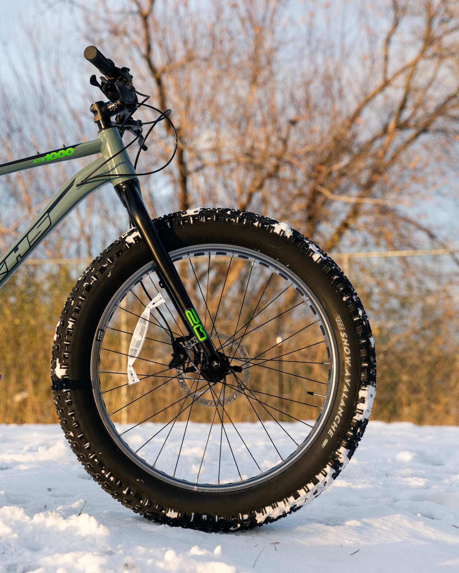 Fat tire bike in a snowy landscape with bare trees in the background